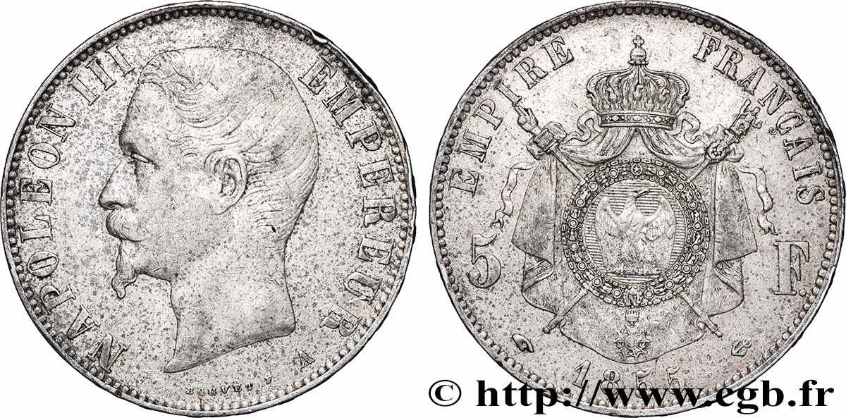 5 francs Napoléon III, tête nue 1855 Paris F.330/3 VF 