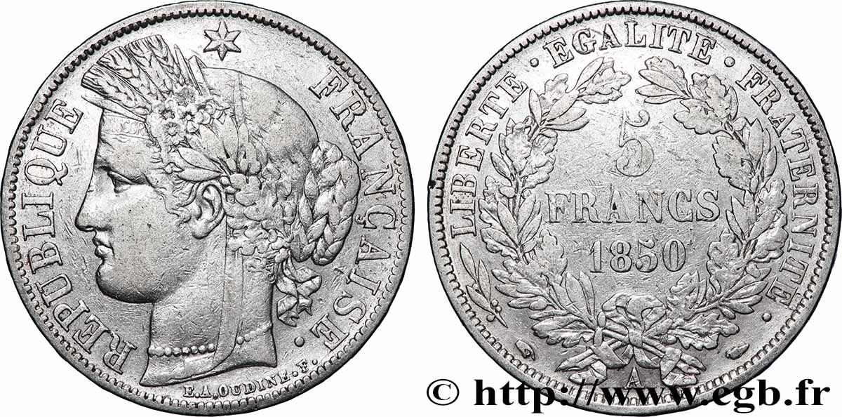 5 francs Cérès, IIe République 1850 Paris F.327/4 BC+ 