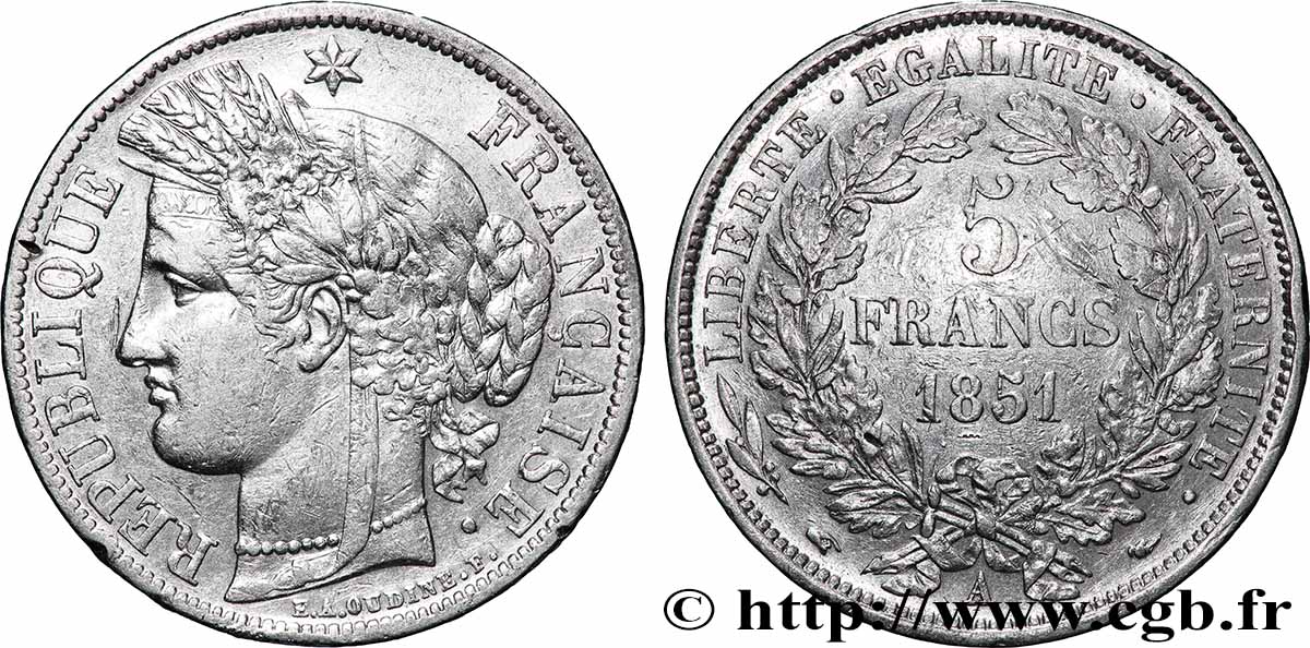 5 francs Cérès, IIe République 1851 Paris F.327/7 TB+ 