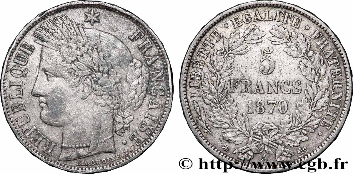 5 francs Cérès, avec légende 1870 Paris F.333/1 TTB 