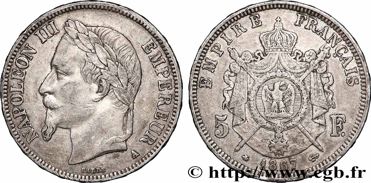 5 francs Napoléon III, tête laurée 1867 Paris F.331/10 TB+ 