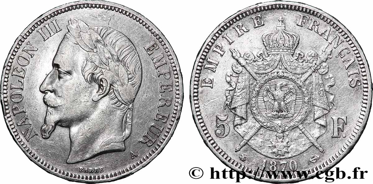 5 francs Napoléon III, tête laurée 1870 Paris F.331/16 VF 