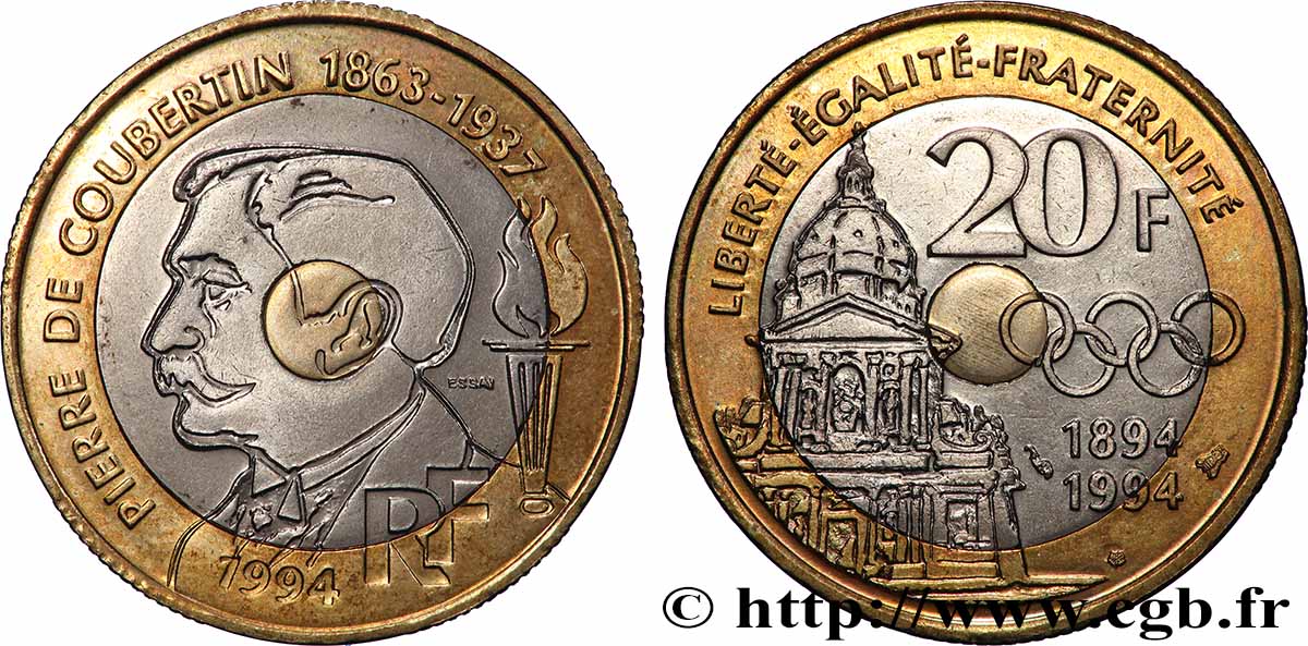 Essai de 20 francs Pierre de Coubertin 1994 Pessac F.405/1 FDC 
