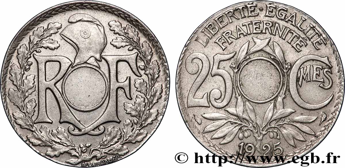 25 centimes Lindauer, Fautée non perforé, sur un flan court 1925  F.171/9 var. TTB+ 