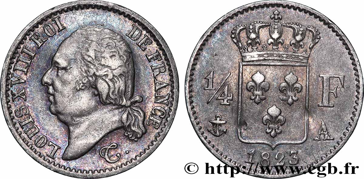 1/4 franc Louis XVIII 1823 Paris F.163/24 TTB 