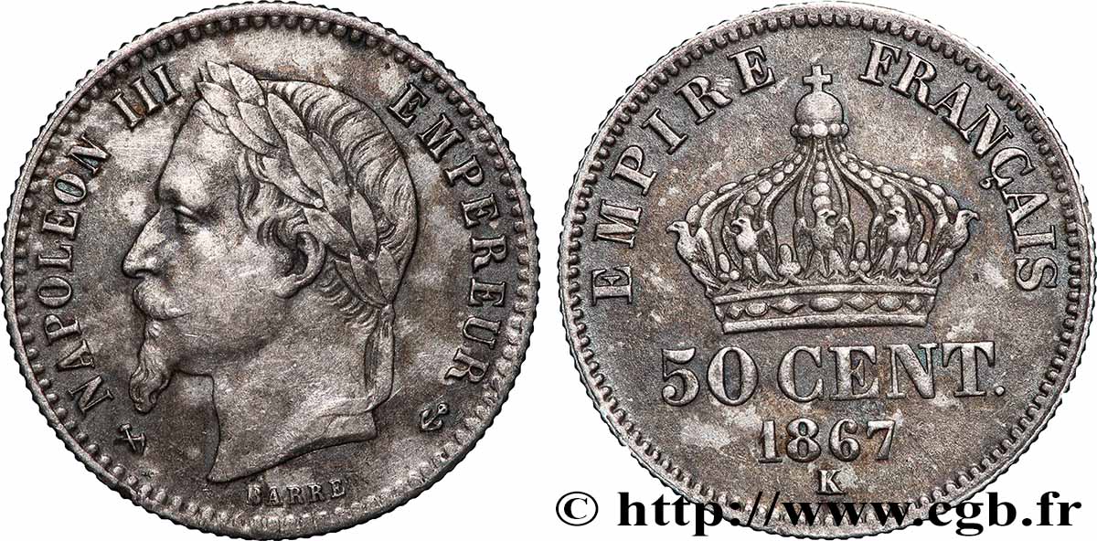 50 centimes Napoléon III, tête laurée 1867 Bordeaux F.188/18 TTB/TTB+ 