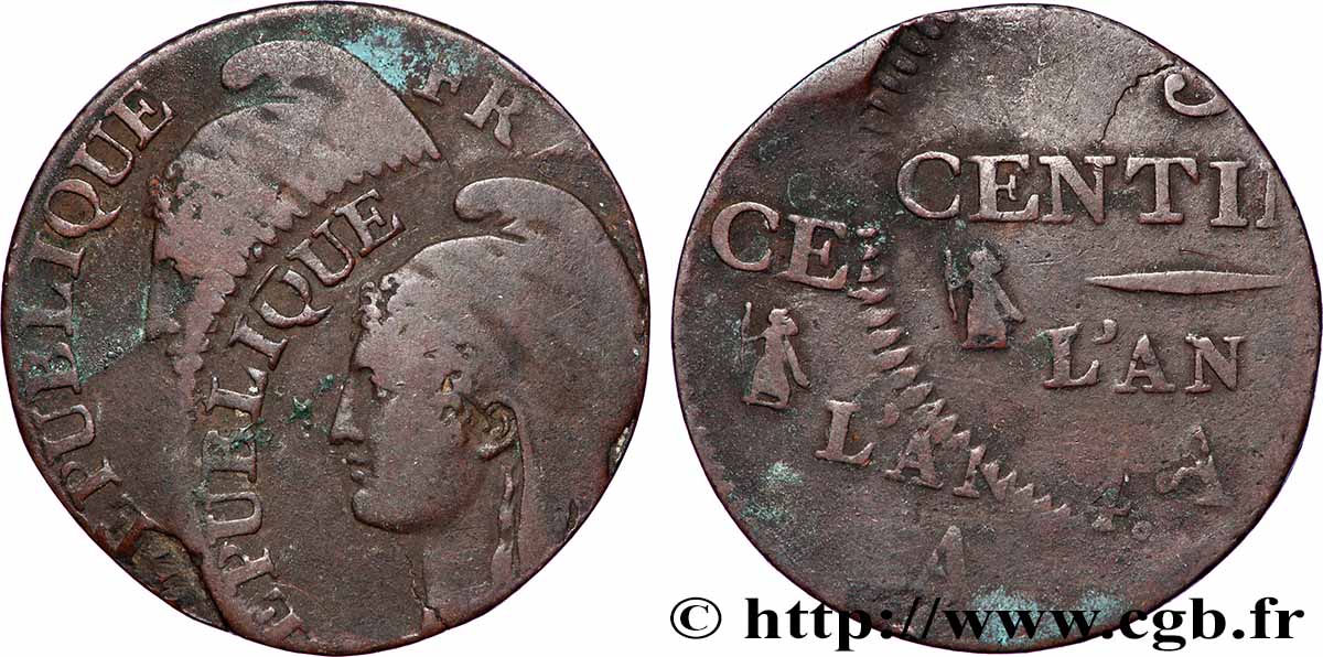 5 centimes Dupré, petit module, Fauté Double Frappe 1796 Paris F.113/1 var. VF 