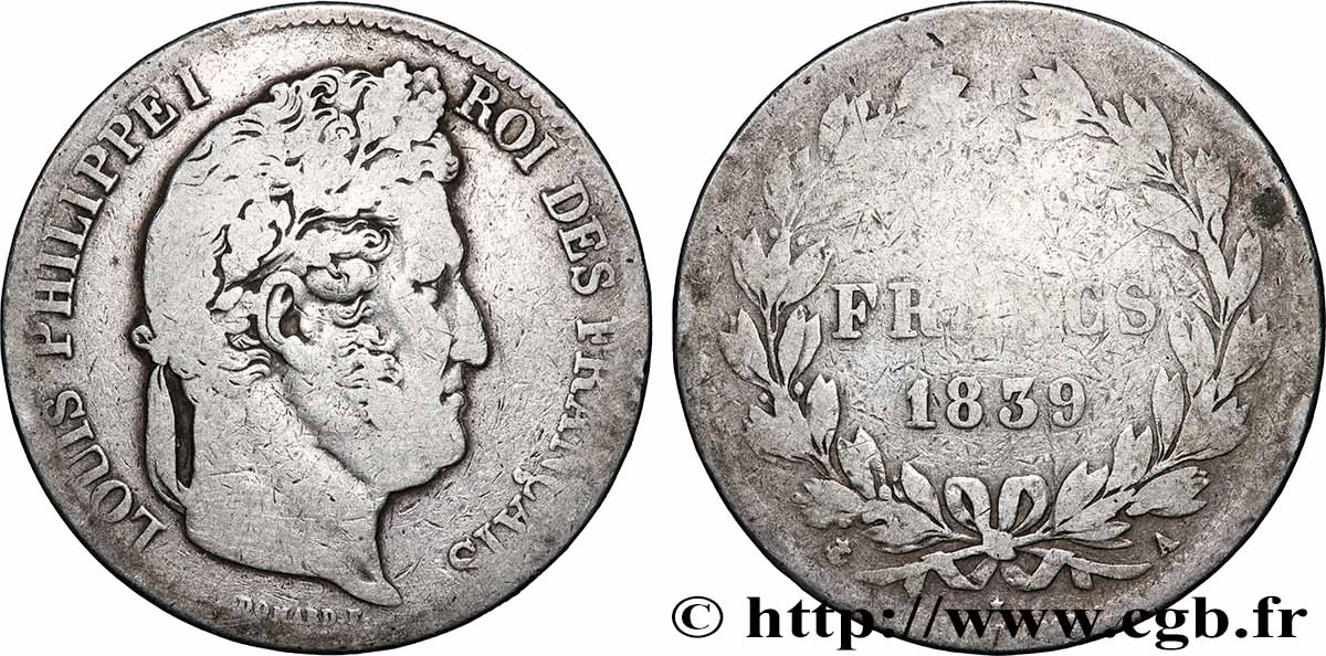 5 francs, IIe type Domard 1839 Paris F.324/75 VF 