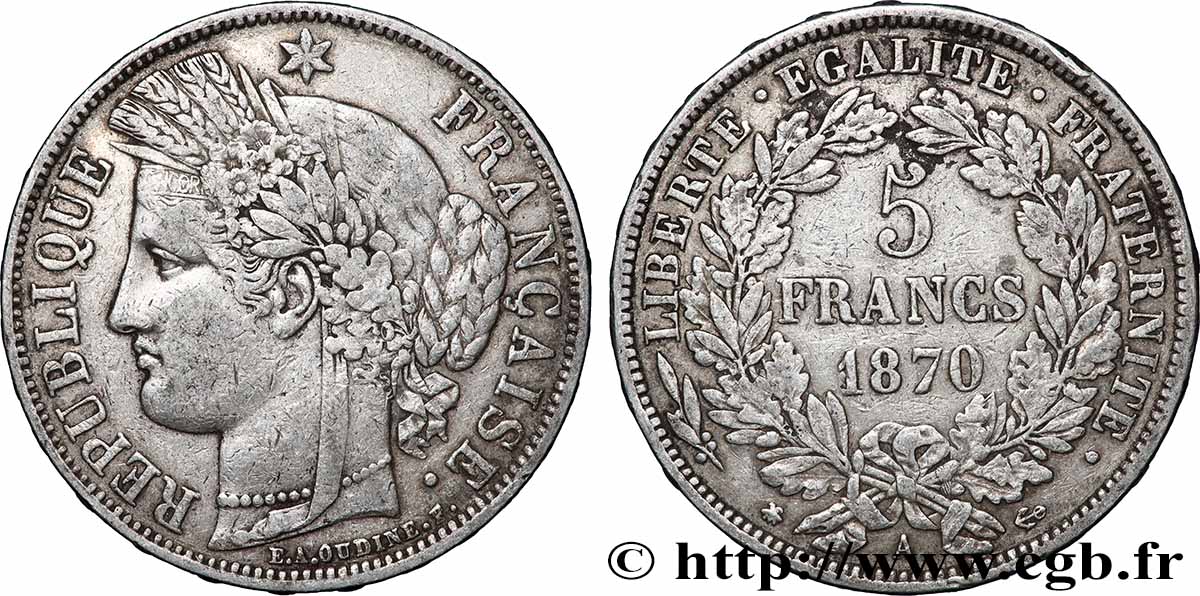 5 francs Cérès, avec légende 1870 Paris F.333/1 XF 