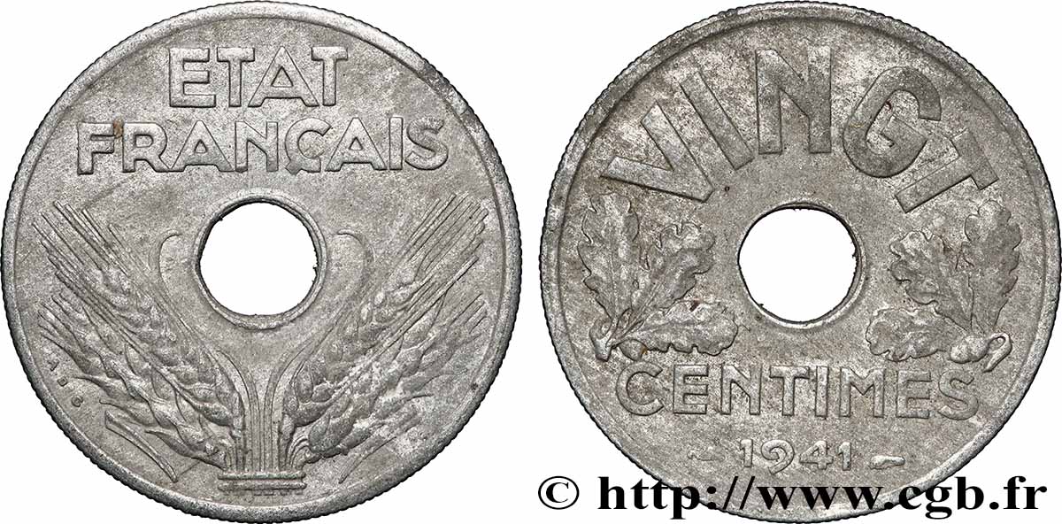 VINGT centimes État français 1941  F.152/2 VF 