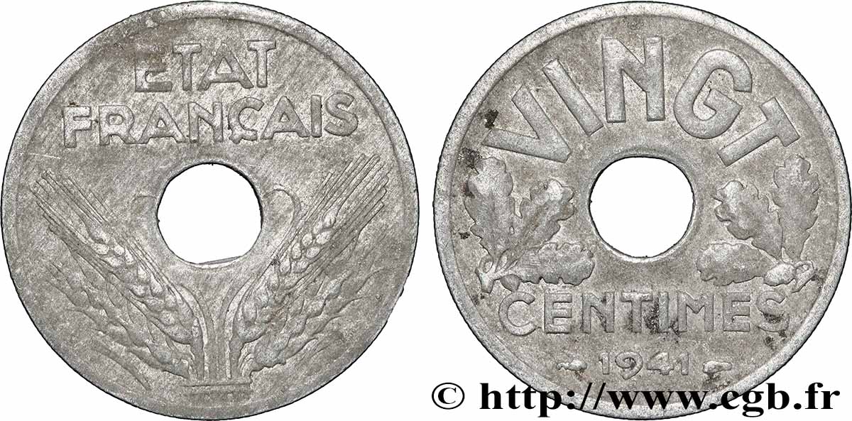 VINGT centimes État français 1941  F.152/2 VF 