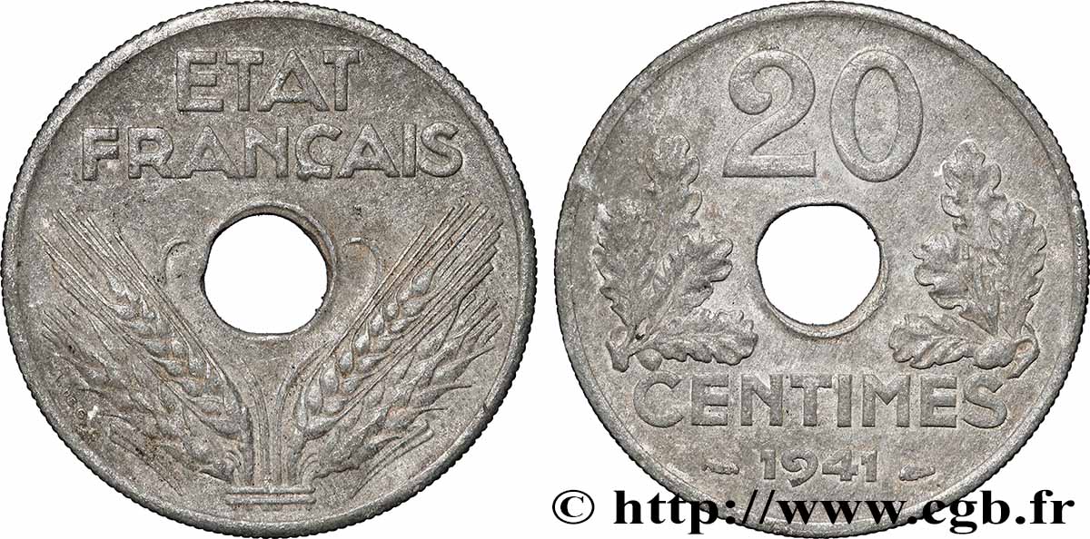 20 centimes État français, lourde 1941  F.153/2 XF 