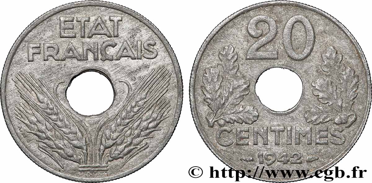 20 centimes État français, lourde 1942  F.153/4 q.SPL 