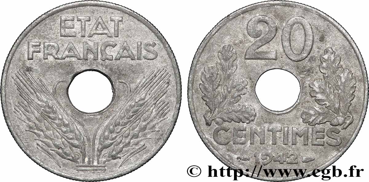 20 centimes État français, lourde 1942  F.153/4 TTB+ 