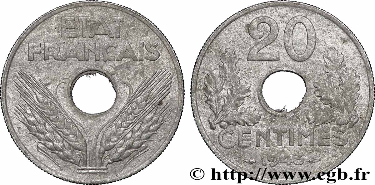20 centimes État français, lourde 1943  F.153/5 TTB+ 