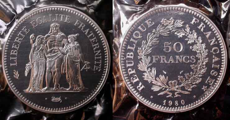 Piéfort argent de 50 francs Hercule  1980  F.427/8P MS70 