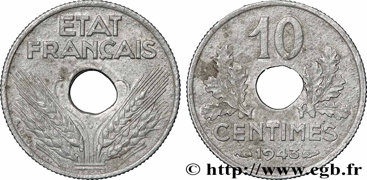 10 centimes État français, petit module 1943  F.142/2 q.SPL 