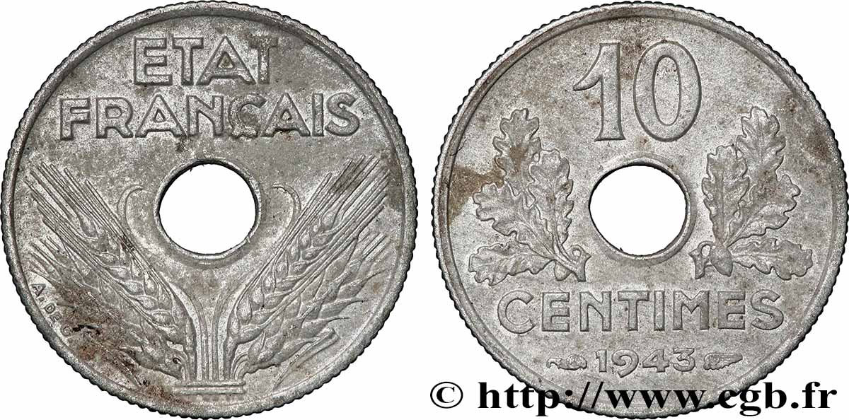 10 centimes État français, petit module 1943  F.142/2 fVZ 