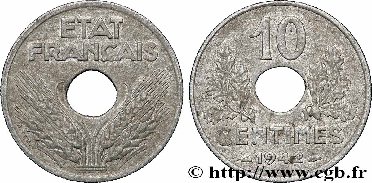 10 centimes État français, grand module 1942  F.141/4 fVZ 