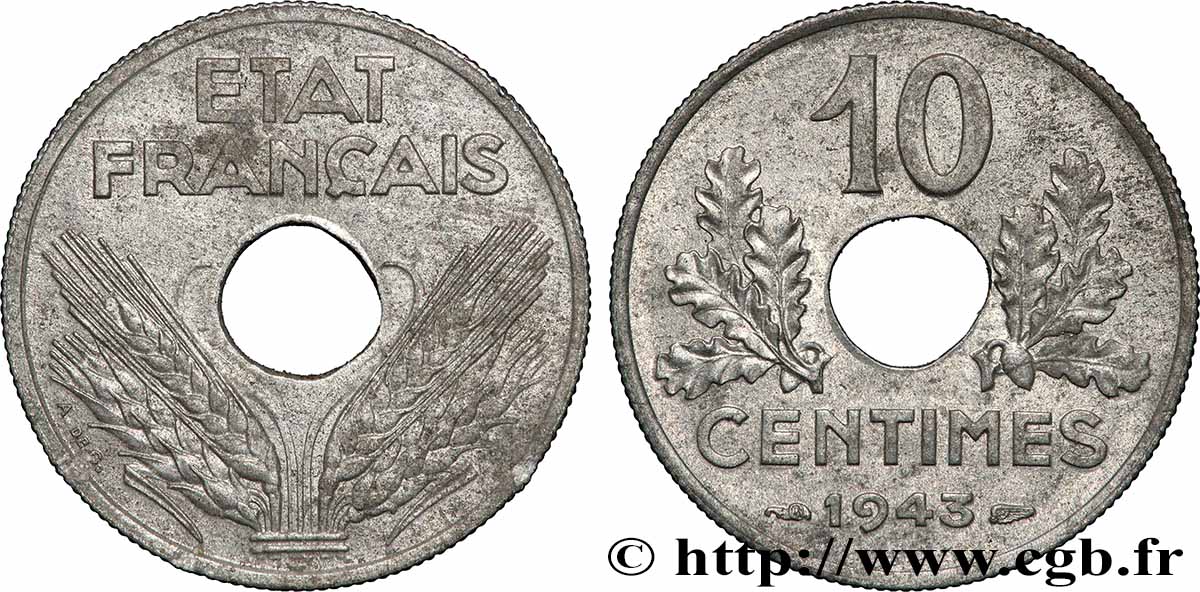 10 centimes État français, grand module 1943  F.141/5 TTB+ 