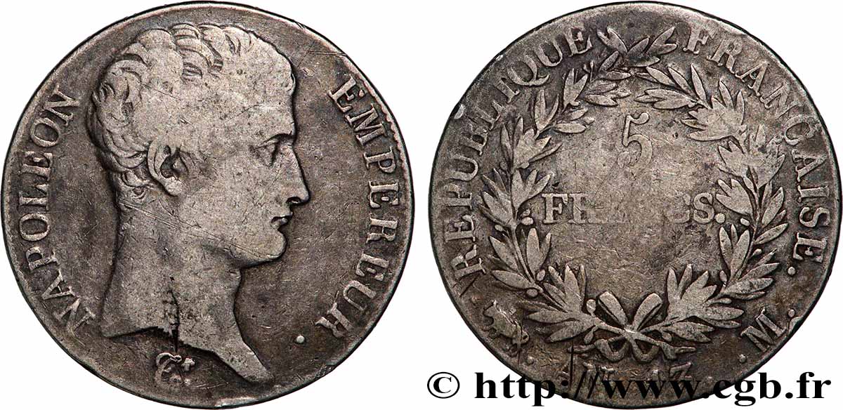 5 francs Napoléon Empereur, Calendrier révolutionnaire 1805 Toulouse F.303/13 B 