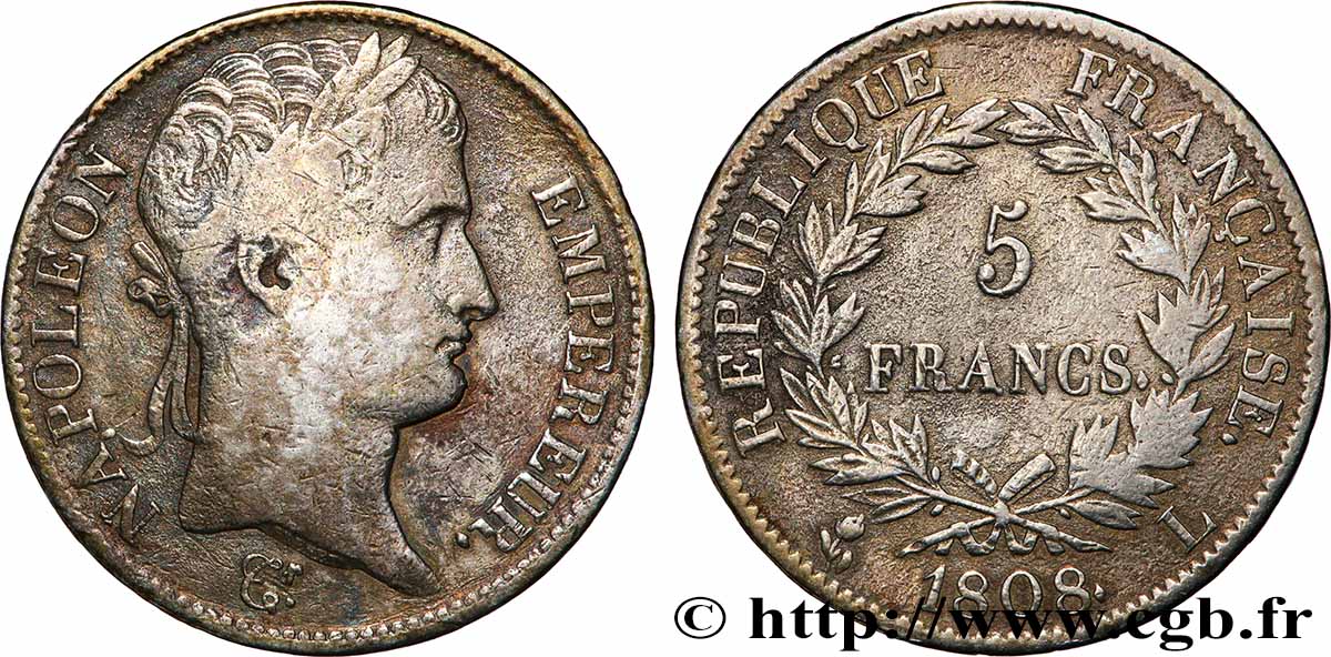 5 francs Napoléon Empereur, République française 1808 Bayonne F.306/9 B 