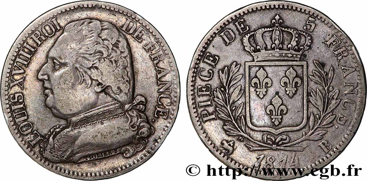 5 francs Louis XVIII, buste habillé 1814 Rouen F.308/2 q.BB 