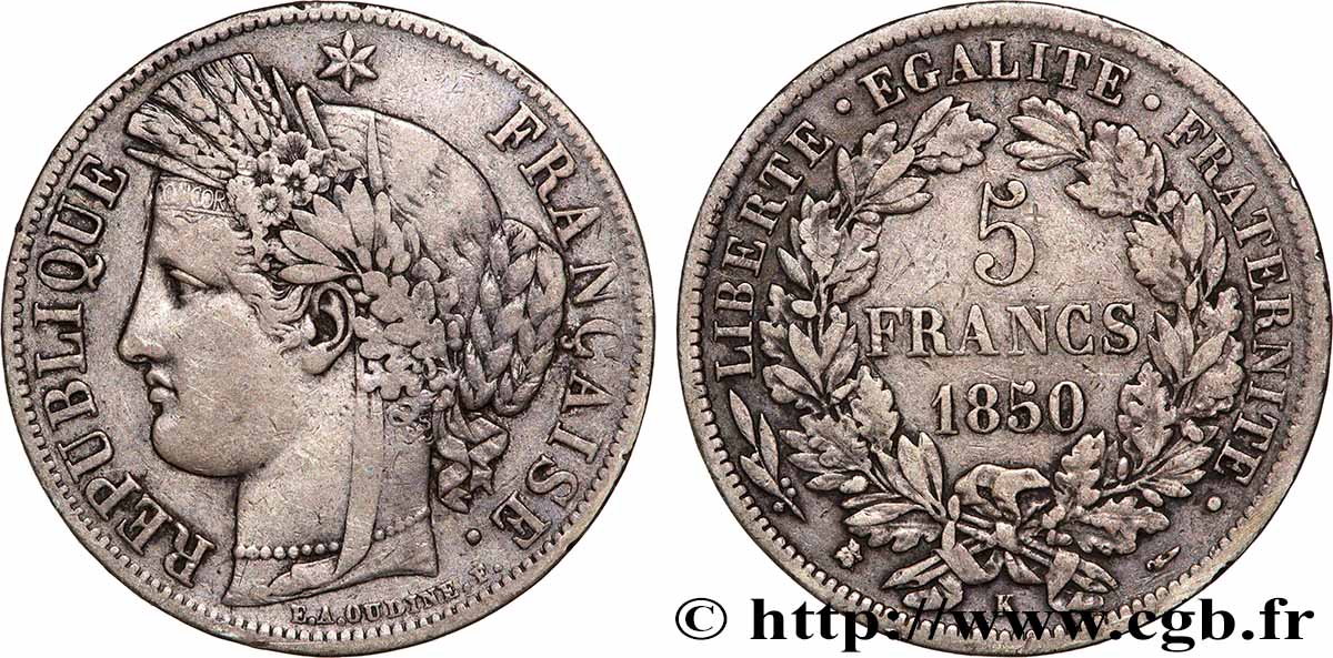 5 francs Cérès, IIe République 1850 Bordeaux F.327/6 VF 