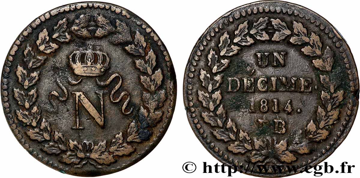 Un décime à l’N couronnée 1814 Strasbourg F.131/3 BC 