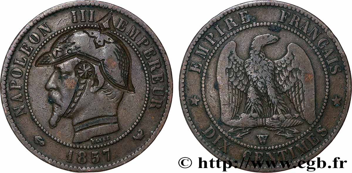 Dix centimes Napoléon III, tête nue, satirique 1857 Lille F.133/46 var. TB 
