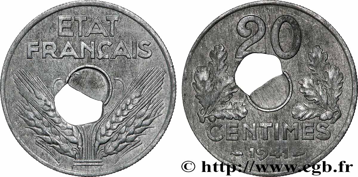 20 centimes, État français, trou décentré 1941  F.153/2 var. TTB+ 