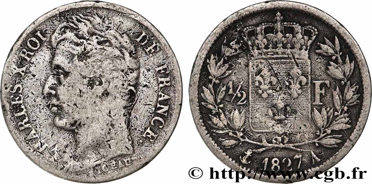 1/2 franc Charles X 1827 Paris F.180/13 q.B 
