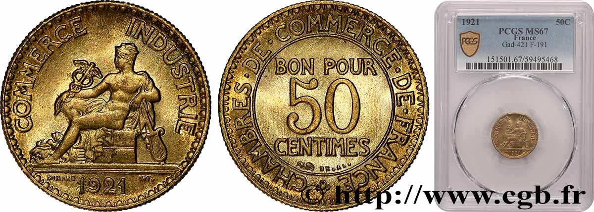 50 centimes Chambres de Commerce 1921 Paris F.191/3 MS67 PCGS