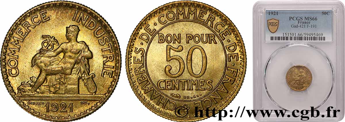 50 centimes Chambres de Commerce 1921 Paris F.191/3 MS66 PCGS