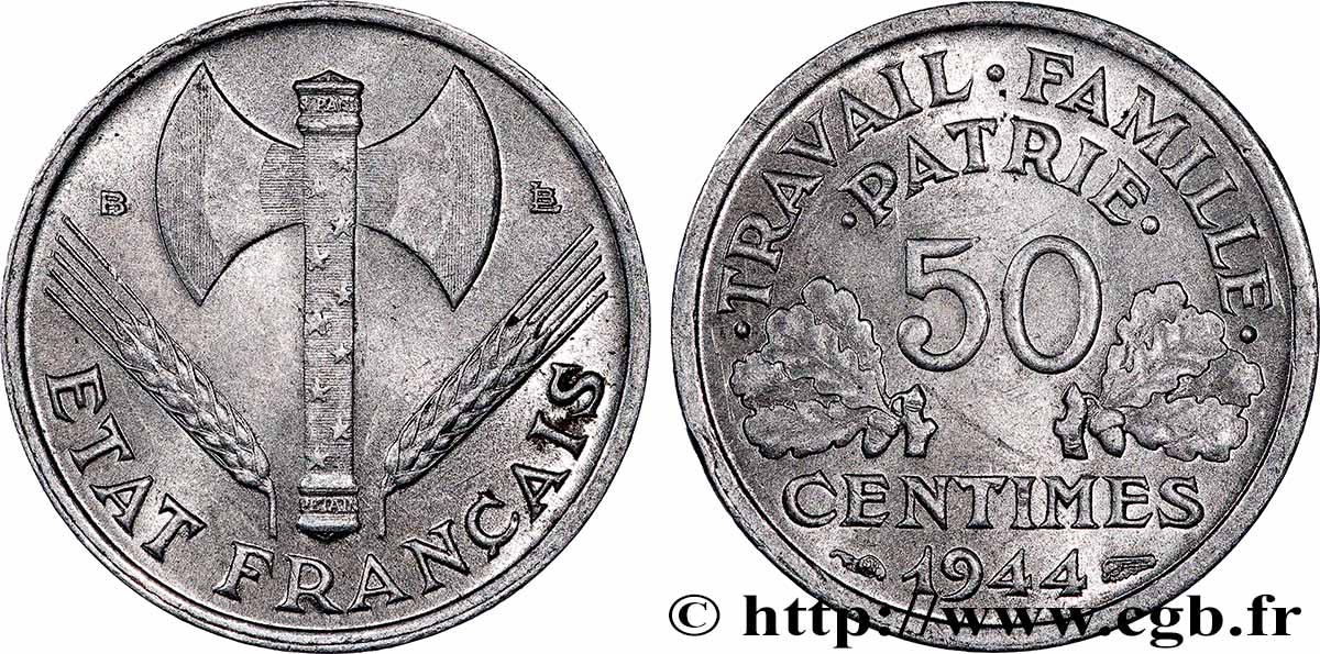 50 centimes Francisque, légère 1944 Beaumont-Le-Roger F.196/5 SPL 