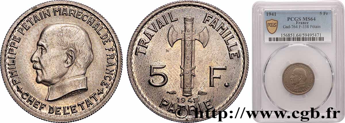 5 francs Pétain 1941  F.338/2 SPL64 PCGS