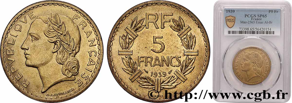 Essai de 5 francs Lavrillier, bronze-aluminium 1939 Paris F.337/2 MS65 PCGS