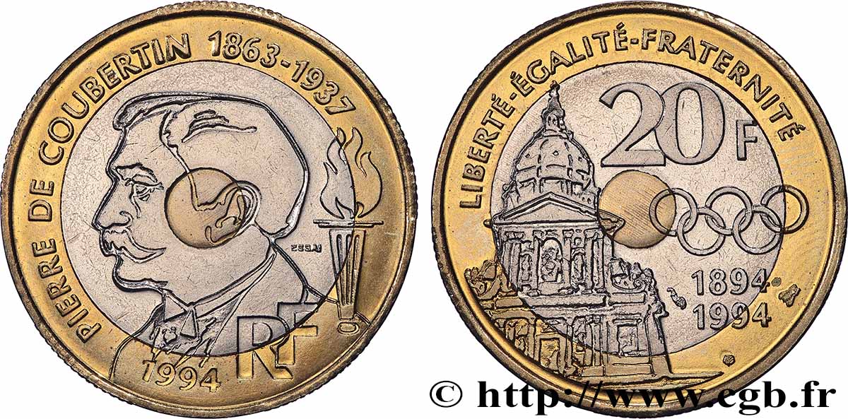 Essai de 20 francs Pierre de Coubertin 1994 Pessac F.405/1 MS 