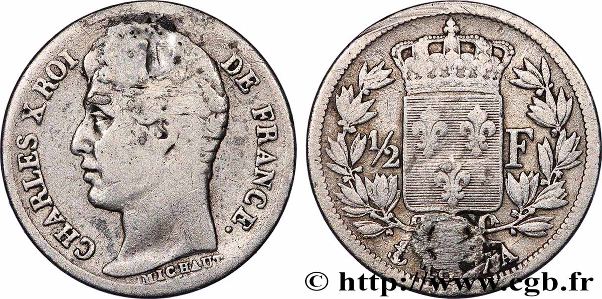 1/2 franc Charles X 1827 Paris F.180/13 q.B 
