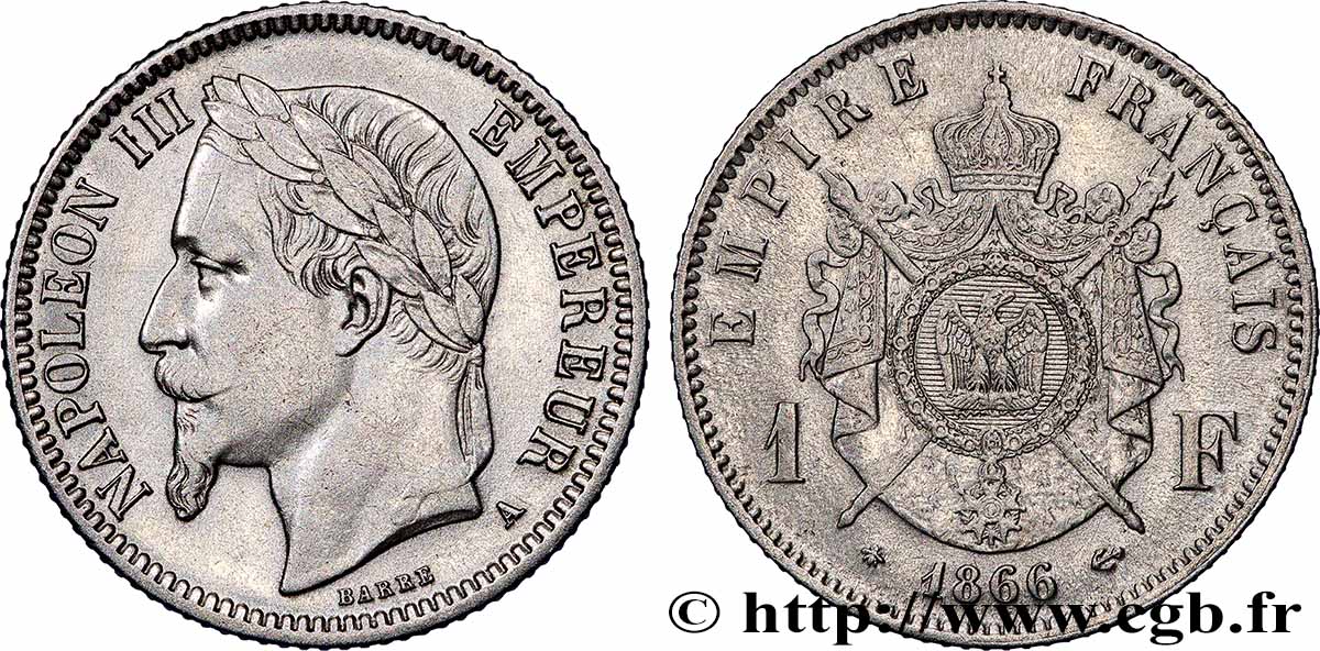 1 franc Napoléon III, tête laurée 1866 Paris F.215/3 XF 