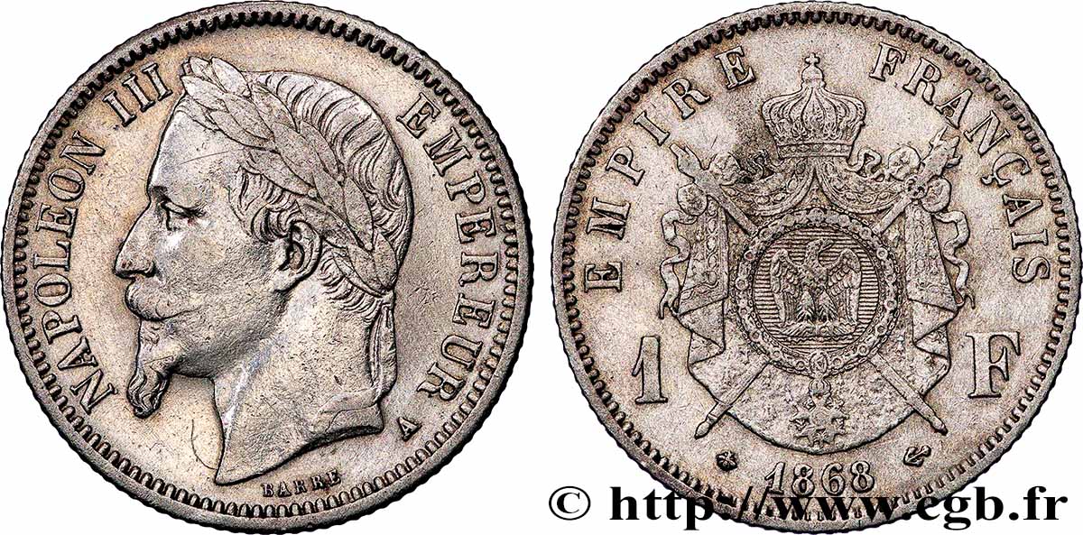 1 franc Napoléon III, tête laurée 1868 Paris F.215/10 fSS 