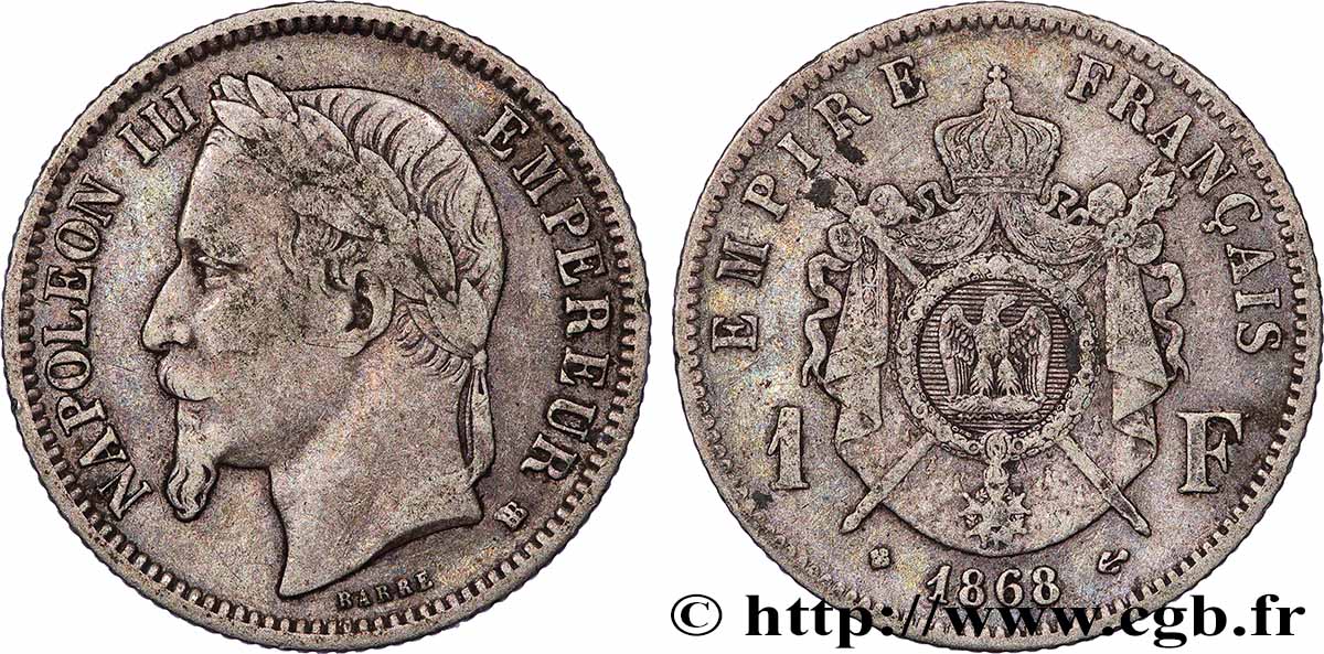 1 franc Napoléon III, tête laurée 1868 Strasbourg F.215/11 MB 
