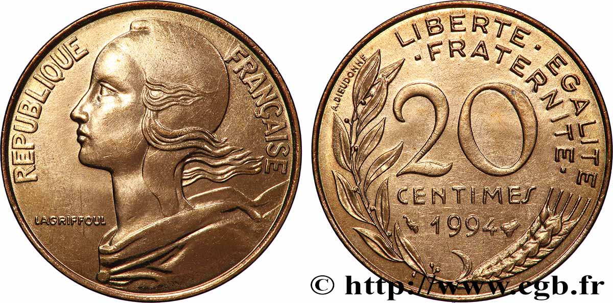 20 centimes Marianne, différent Abeille, Brillant Universel 1994 Pessac F.156/38 MS 