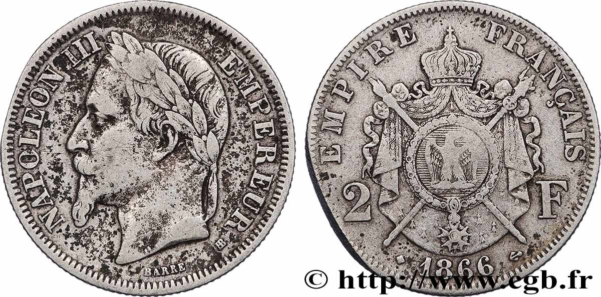 2 francs Napoléon III, tête laurée  1866 Strasbourg F.263/3 MB 