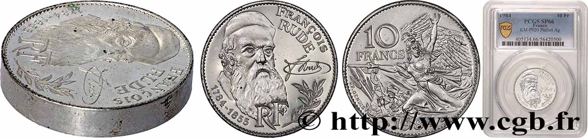 Piéfort argent de 10 francs François Rude 1984 Pessac GEM.190 P2 MS66 PCGS