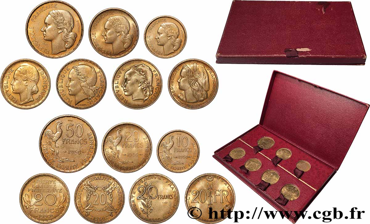 Boîte rouge contenant sept essais : les essais de 50 francs, 20 francs et 10 francs Guiraud + quatre essais du concours de 20 francs 1950 Paris GEM.210 3 MS/MS 