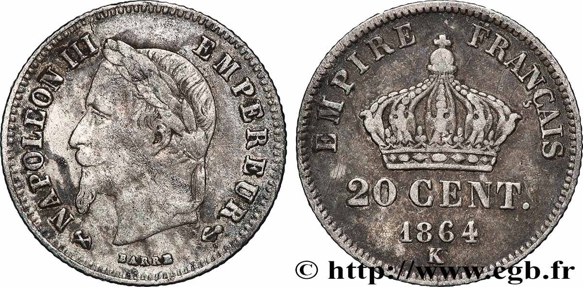 20 centimes Napoléon III, tête laurée, petit module 1864 Bordeaux F.149/3 VF 