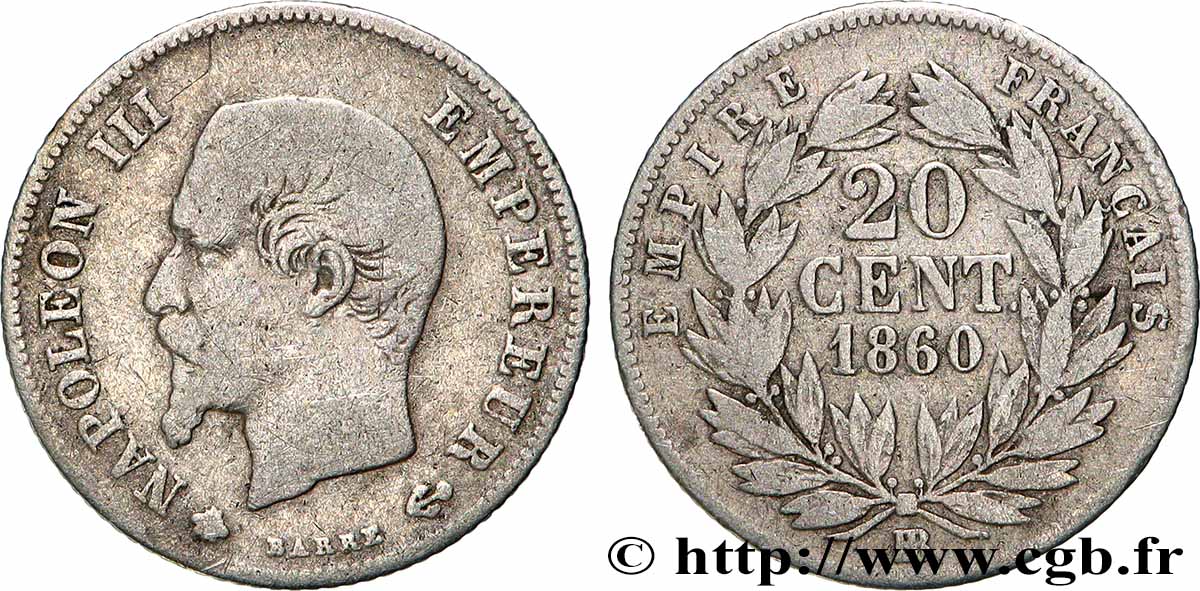 20 centimes Napoléon III, tête nue 1860 Strasbourg F.148/16 MB 