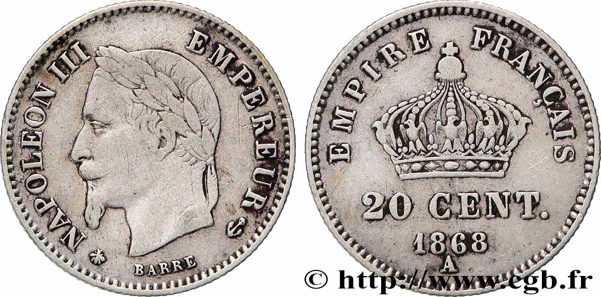 20 centimes Napoléon III, tête laurée, grand module 1868 Paris F.150/4 MB 