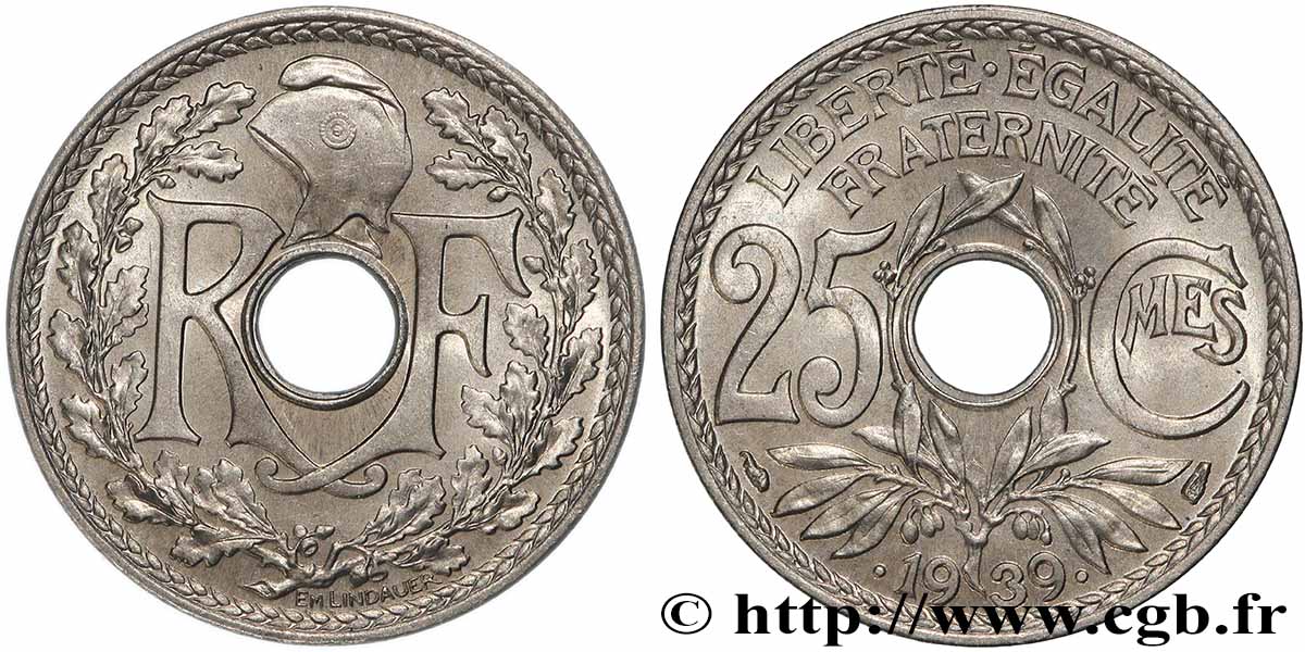 25 centimes Lindauer, maillechort 1939  F.172/3 MS 
